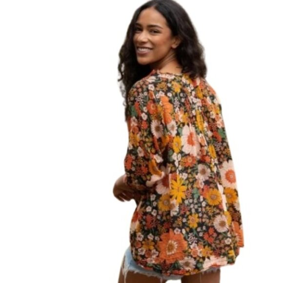 Natural Life Womens Gauze Peasant Top Black Combo Floral Frayed V Neck Boho L - Picture 2 of 4